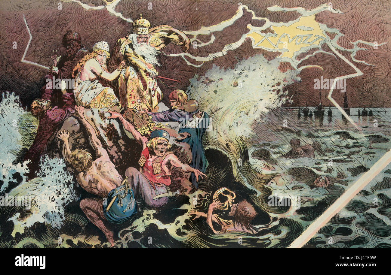 PThe Russian deluge -  Illustration shows people clinging to a large rock in a stormy sea, some are royalty and some are terrorists; in a flash of lightning in the background appears the word 'Revolt'. Russian Revolution, 1905 Stock Photo