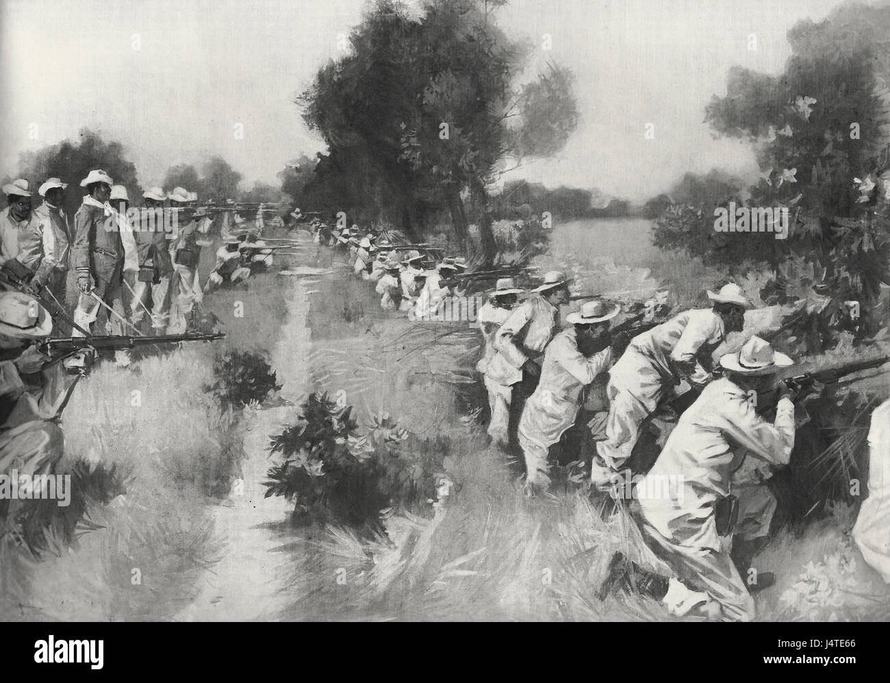 Filipinos in Action - Fire at Will - Insurgent troops under fire in the trenches at Malate before the Spanish Evacuation - 1898 Stock Photo