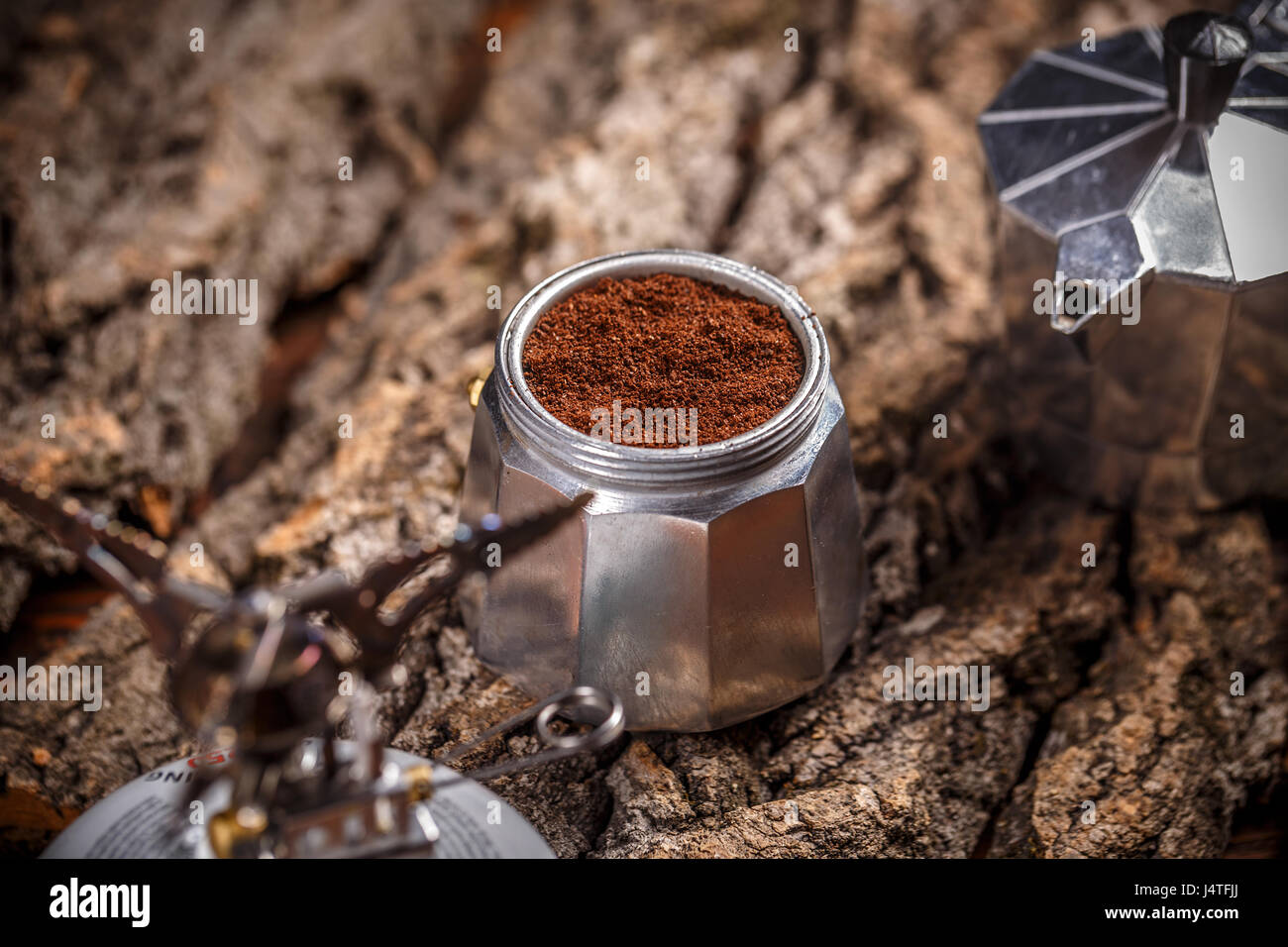Italian coffee maker with ground coffee Stock Photo