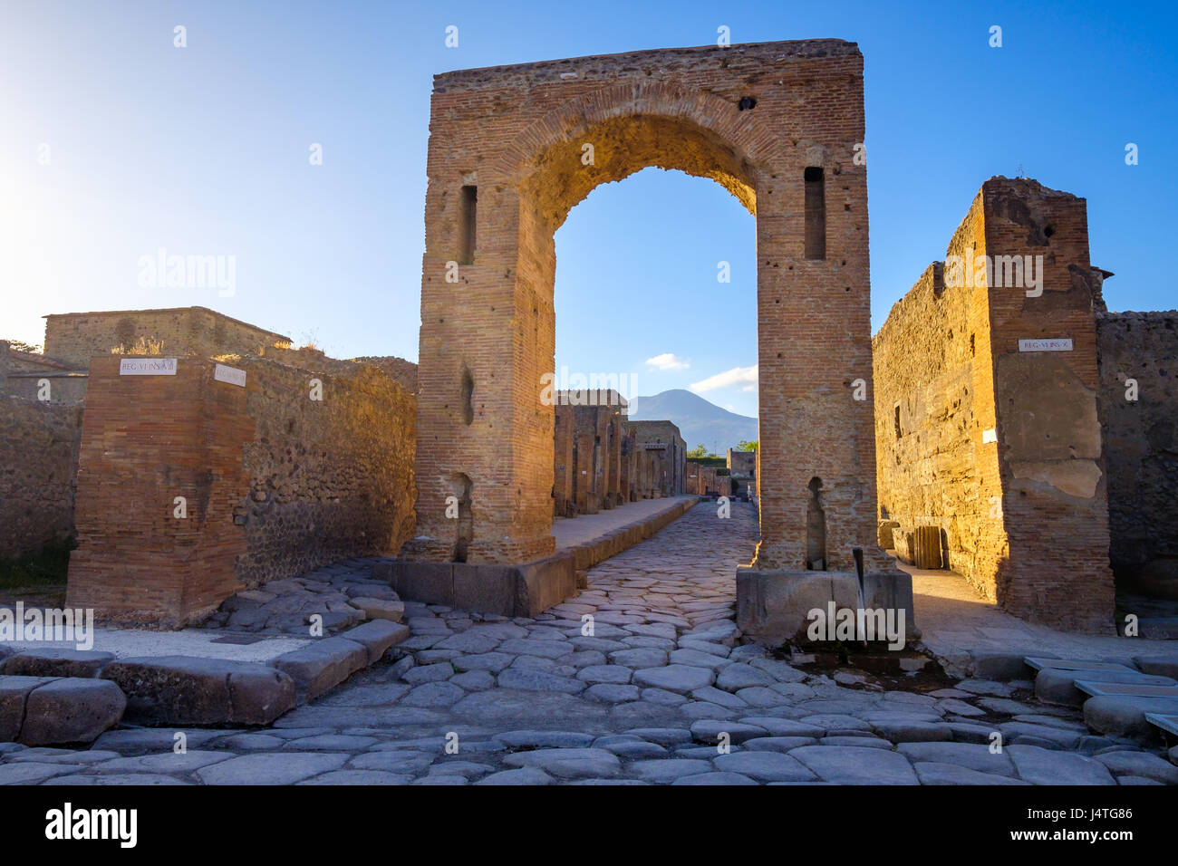 Scenic view of ruins at city of Pompeii with Vesuvio background, Italy Stock Photo