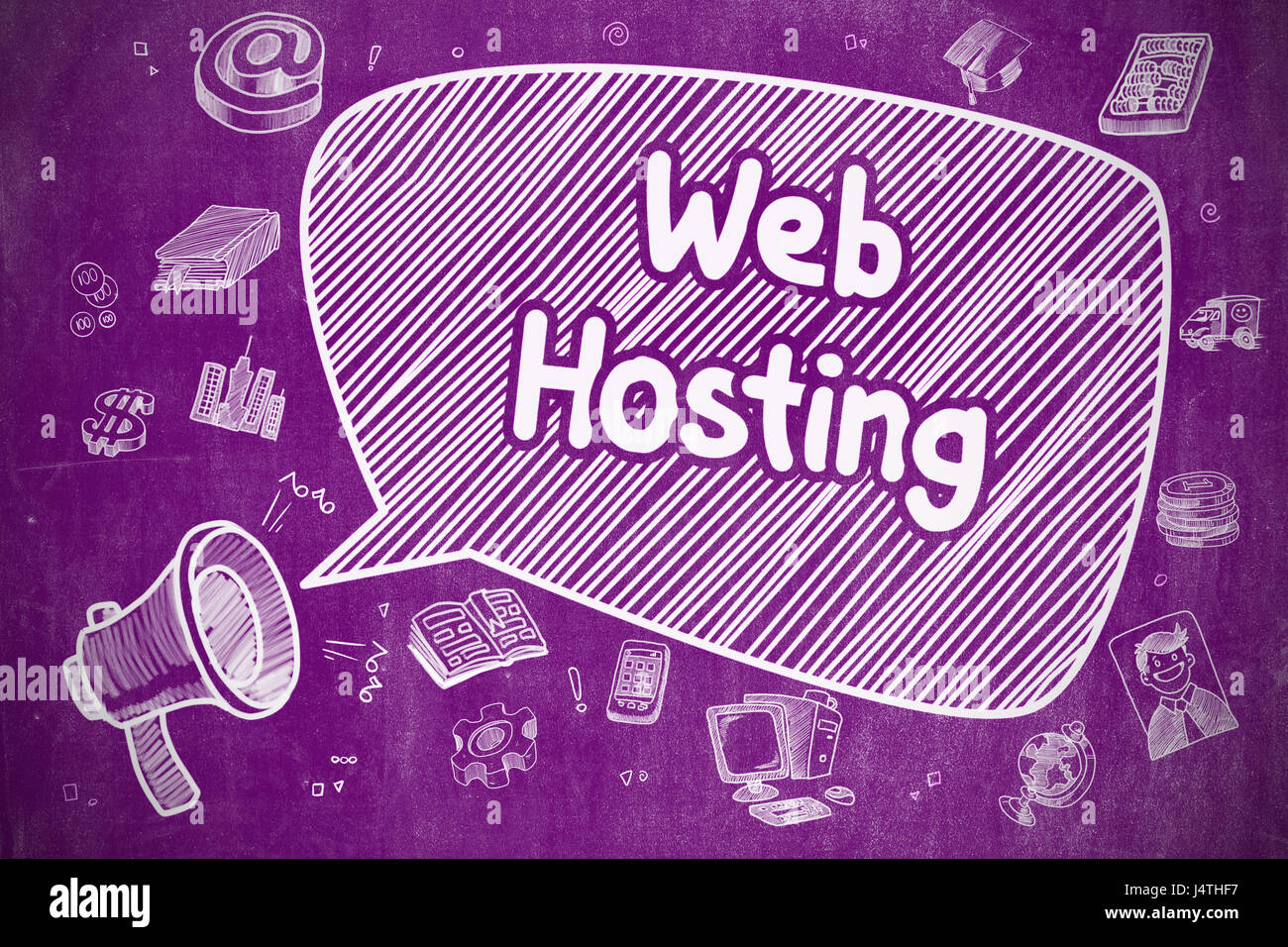 Web Hosting - Hand Drawn Illustration on Purple Chalkboard. Stock Photo