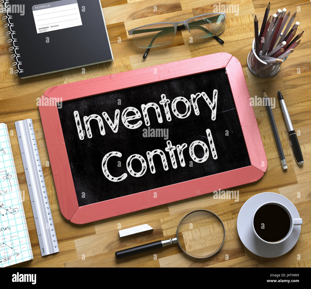 Small Chalkboard with Inventory Control. 3D. Stock Photo