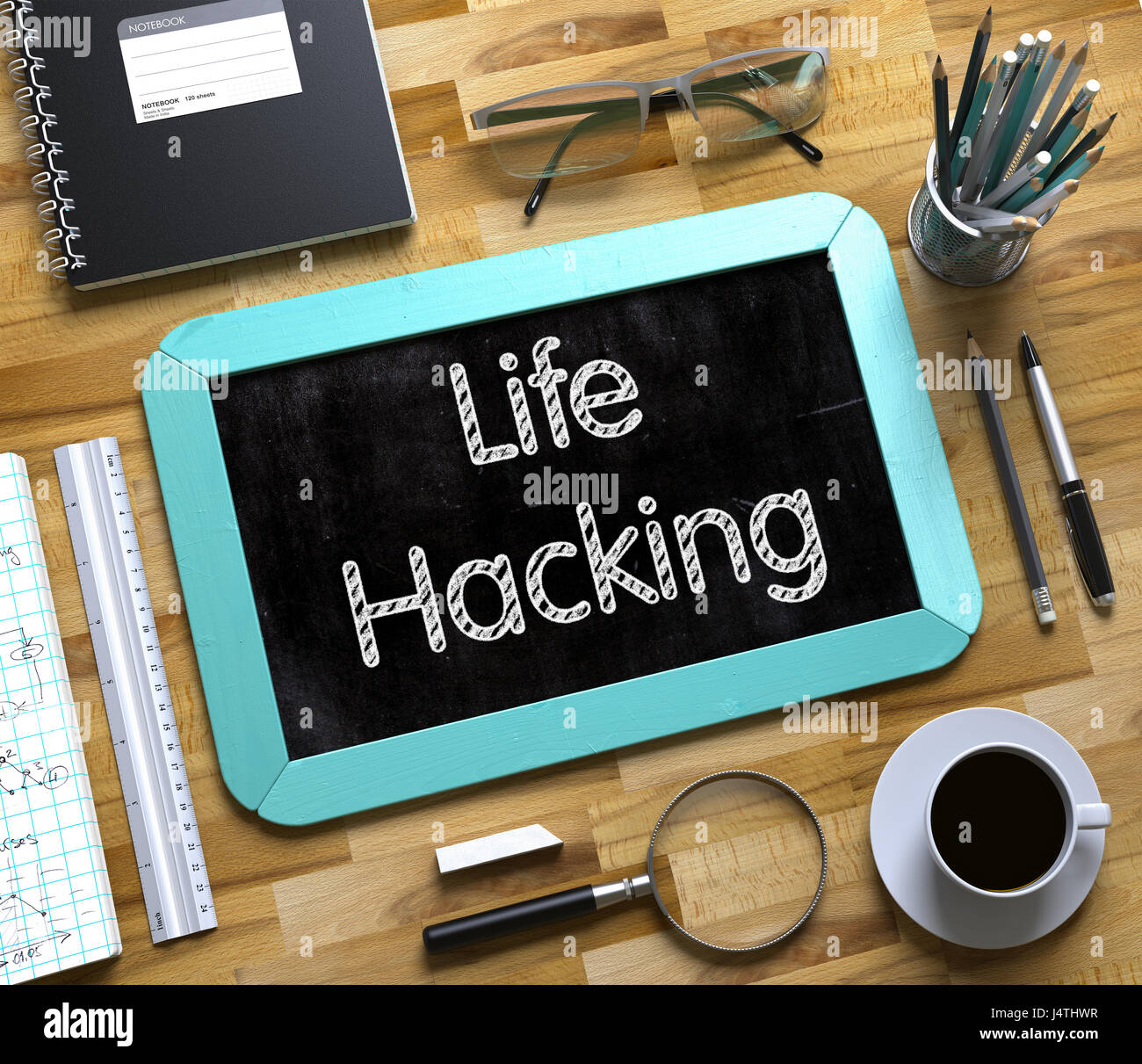 Small Chalkboard with Life Hacking Concept. 3D. Stock Photo