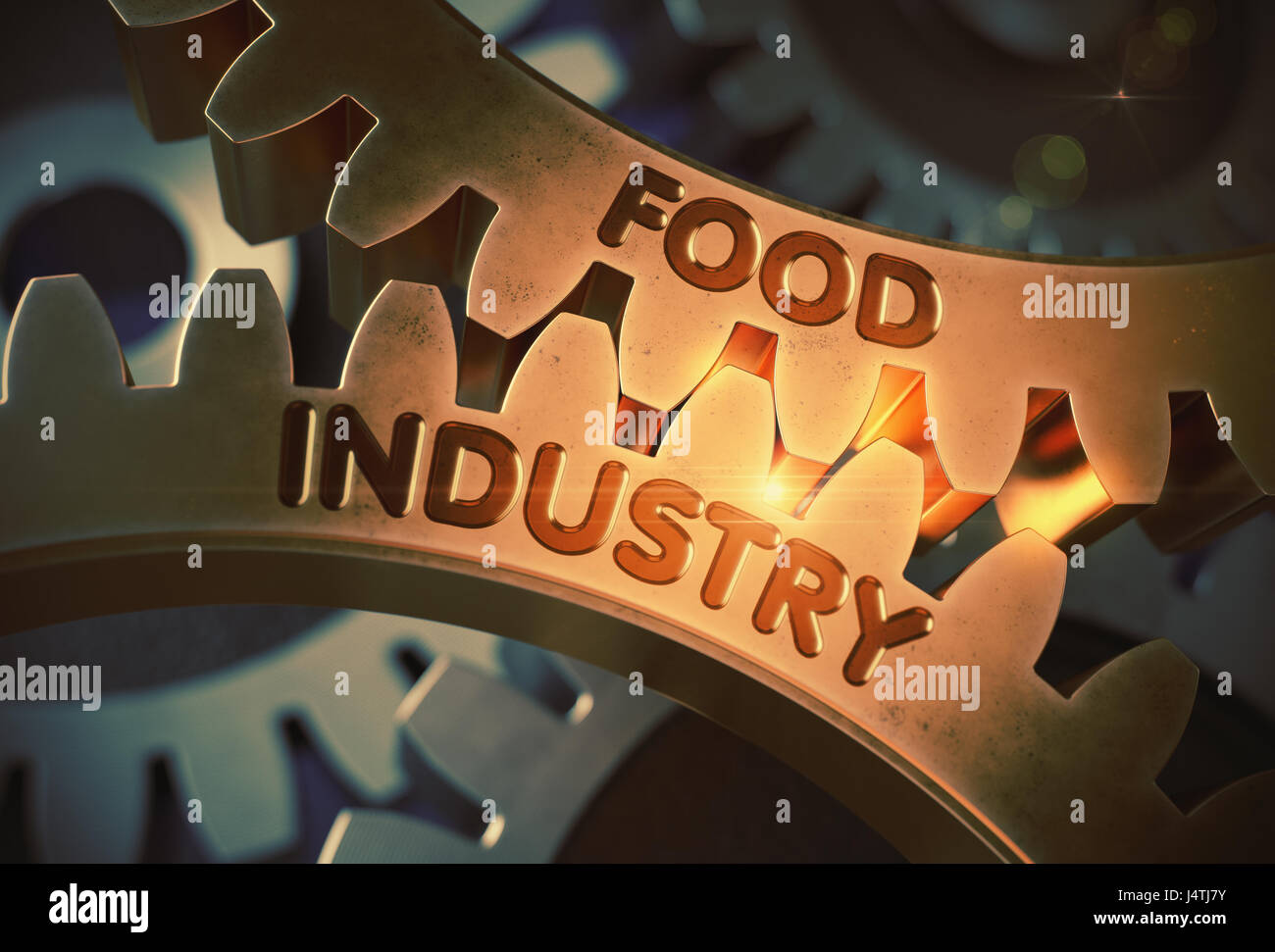 Golden Gears with Food Industry Concept. 3D Illustration. Stock Photo
