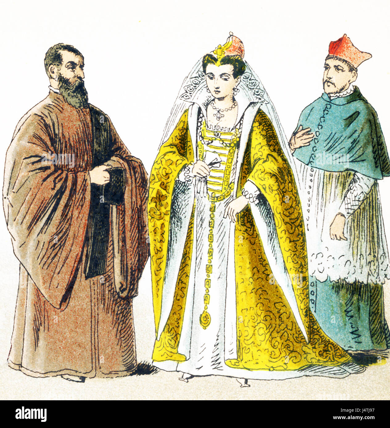 The figures pictured here represent Italians around 1500 A.D. They are from left to right: procurator of St. Mark, wife of the Doge, cardinal in house dress. The illustration dates to 1882. Stock Photo