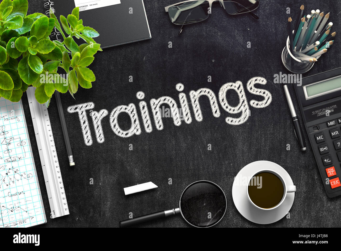 Trainings Concept on Black Chalkboard. 3D Rendering. Stock Photo