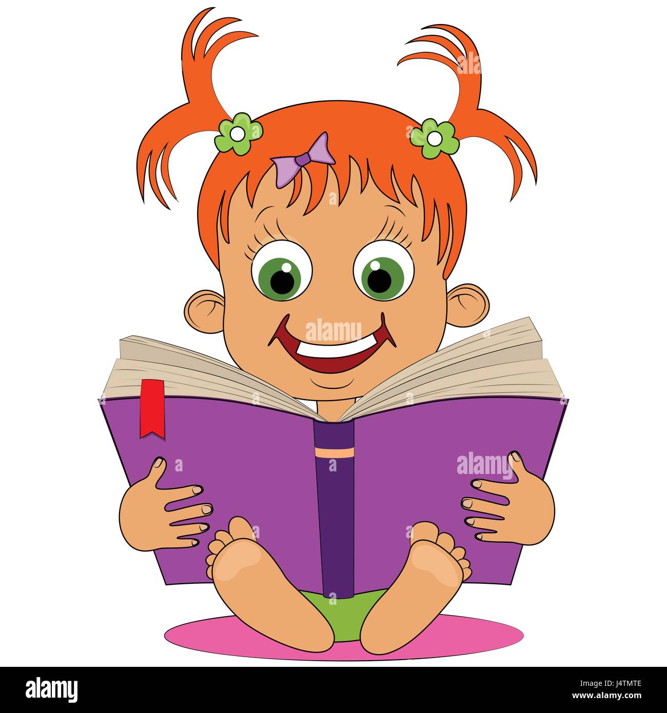 Vector illustrated adorable little girl sitting and reading a book ...