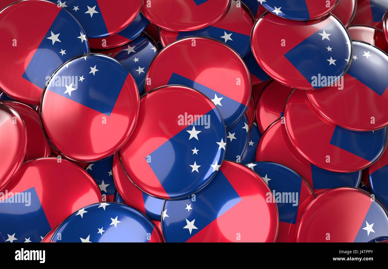 Samoa Badges Background - Pile of Samoan Flag Buttons. 3D Rendering Stock Photo