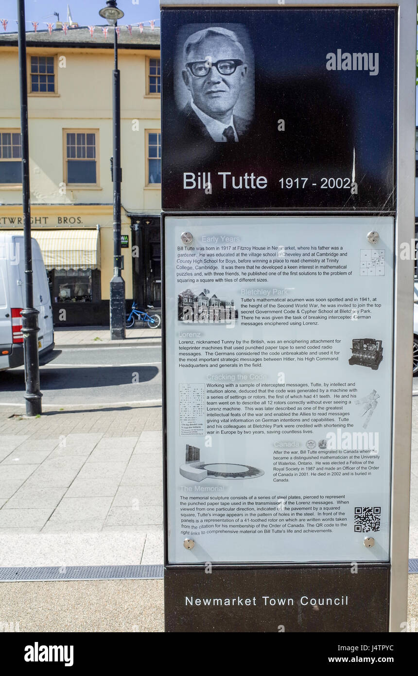 Memorial to Bill Tutte in Newmarket, Suffolk.  Tutte broke the extremely complex German Lorenz code in WW2 without ever seeing the coding machine. Stock Photo
