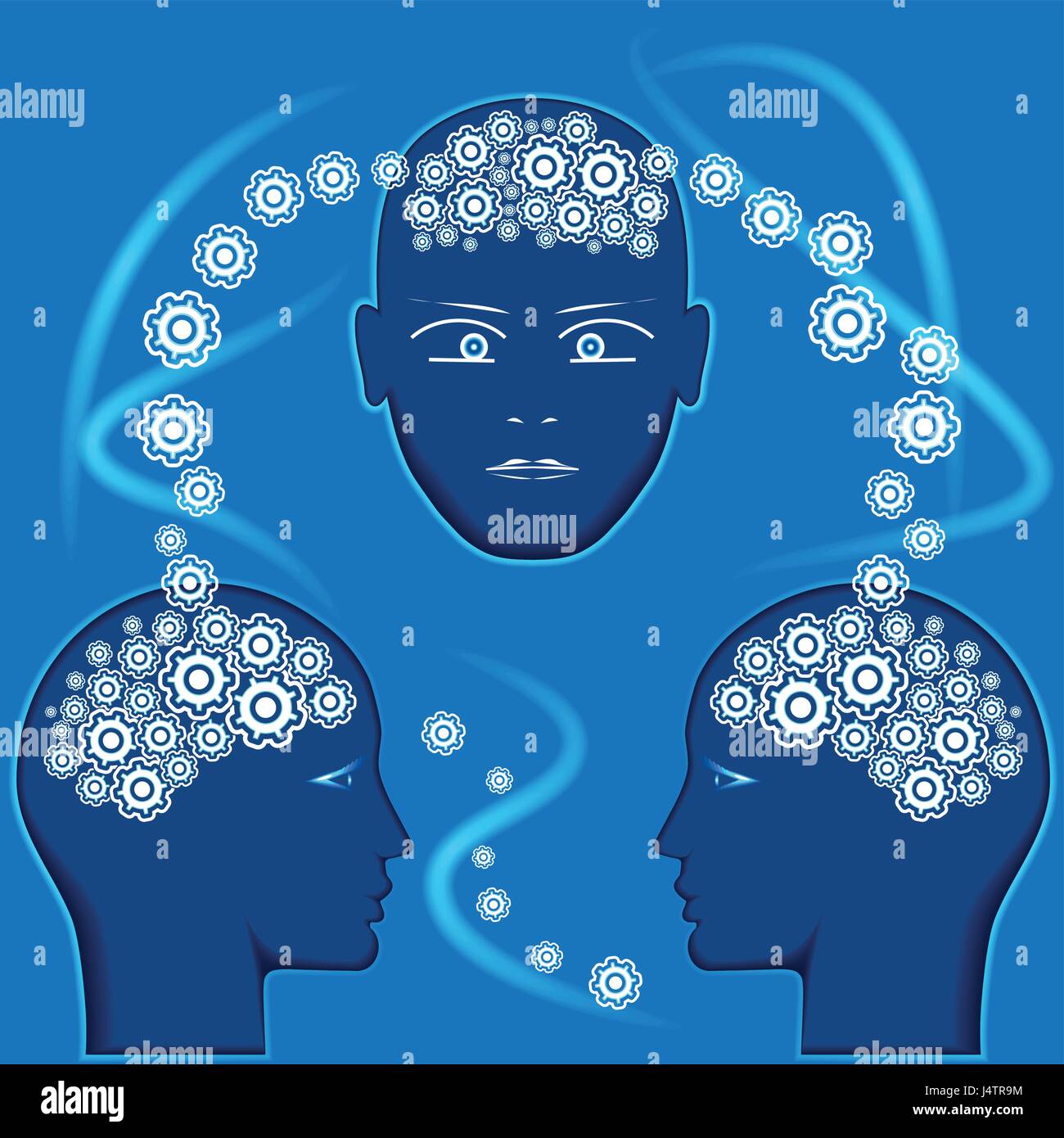 Gears in the form of brain in heads of people, concept for communications, thinking of people, information interchange. Stock Vector