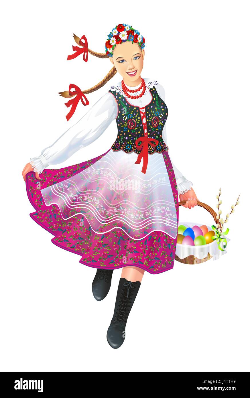 Krakowiak Folk Dancer with Easter Basket Illustration Isolated on White. Polish Subethnic Culture. Stock Photo