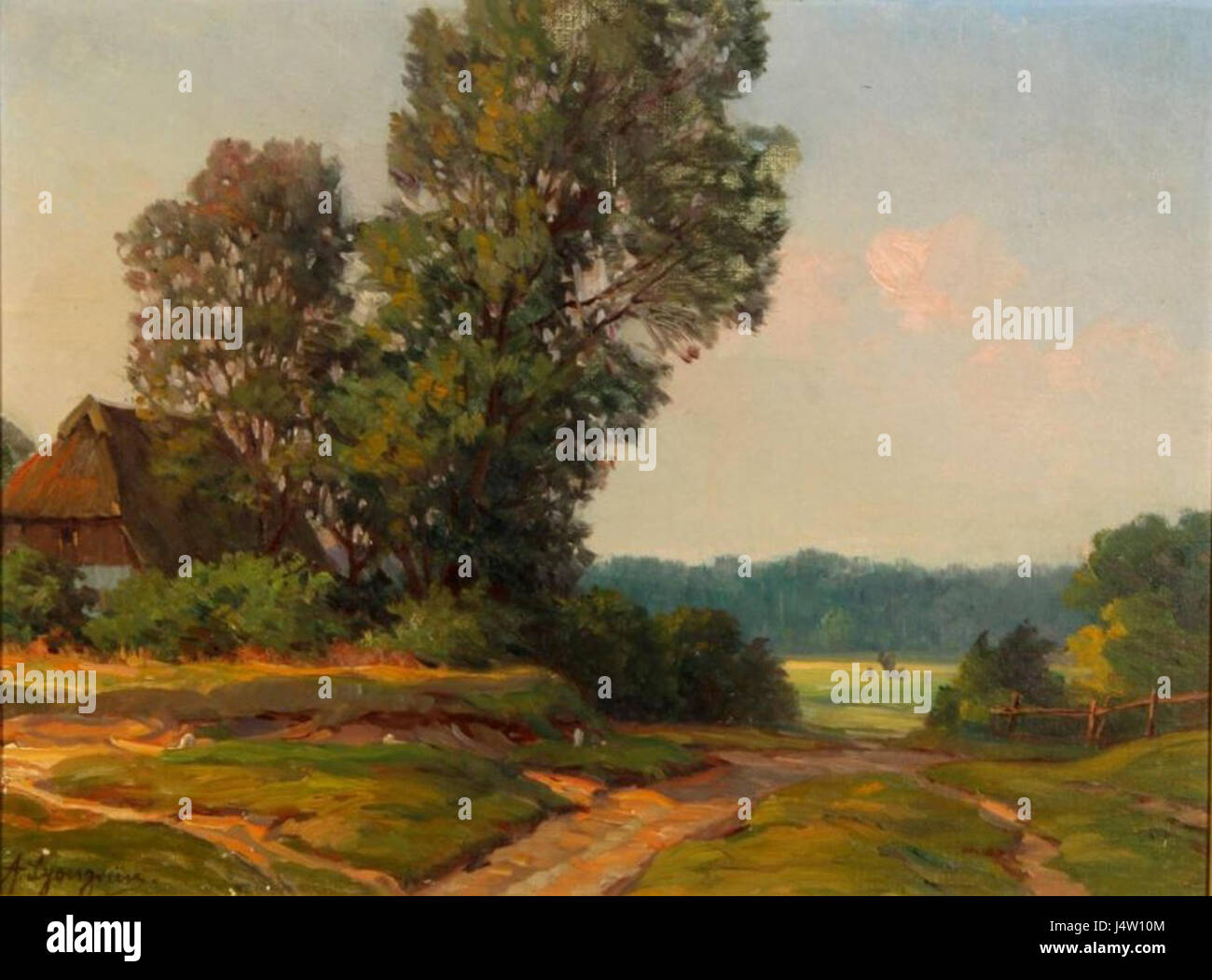 A painting titled 'Wiesenlandschaft mit Bauernhaus' from 1909 ...