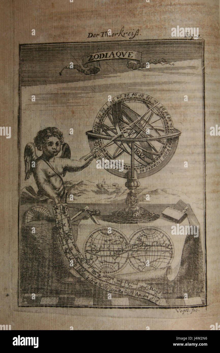 View of an armillary sphere admired by a cherub, 1685 Stock Photo