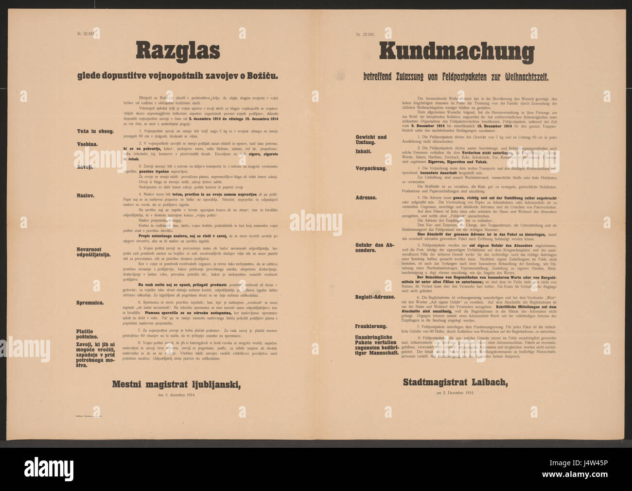 Zulassung von Feldpostpaketen zur Weihnachtszeit   Kundmachung   Laibach   Mehrsprachiges Plakat 1914 Stock Photo
