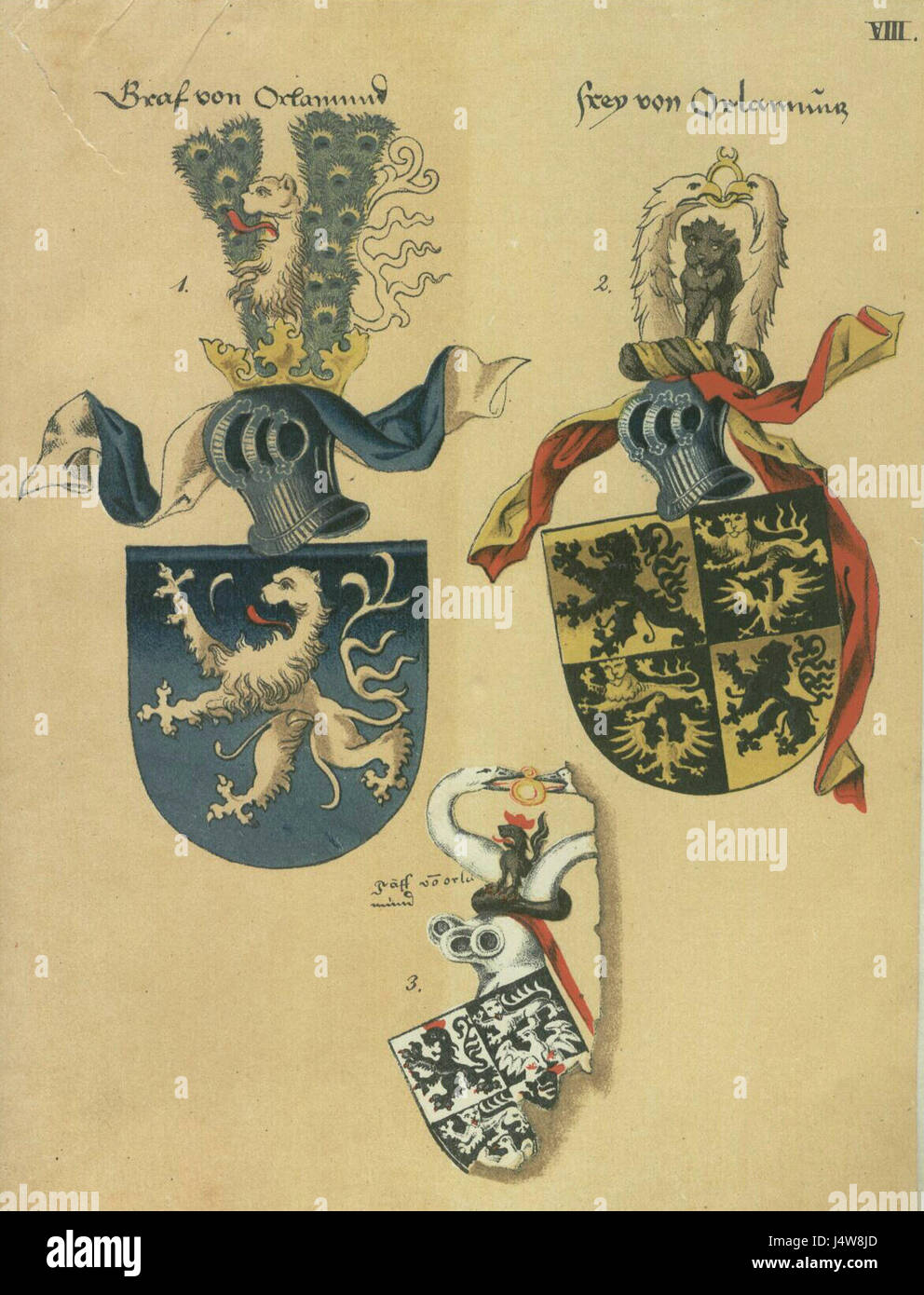 Wappenblattorlamuende refers to a heraldic term, likely describing an element of a coat of arms or family crest. The term indicates the presence of a decorative banner or shield used in heraldic traditions to signify family or noble lineage. Stock Photo