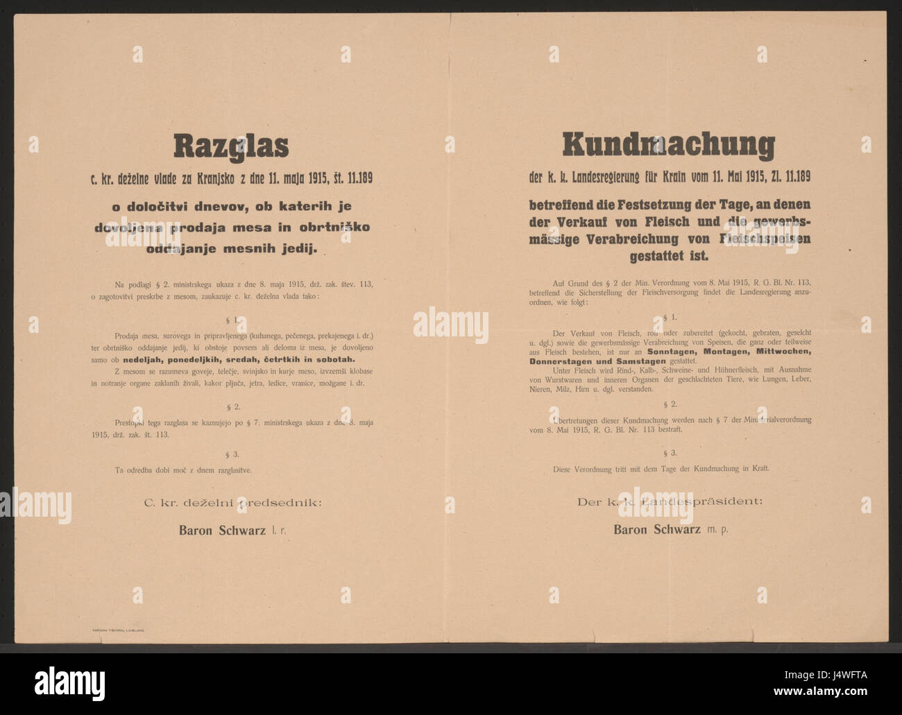 Verkauf von Fleisch   Kundmachung   Laibach   Mehrsprachiges Plakat 1915 (2) Stock Photo