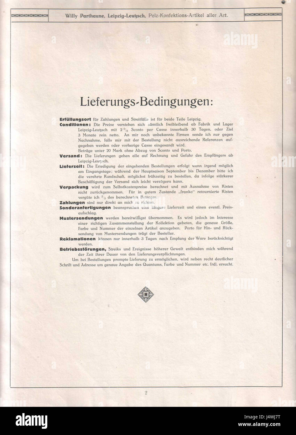 Willi Parthaune, Leipzig Leutzsch, Pelz Konfektions Artikel aller Art (Katalog) (Seite 02 Lieferungs Bedingungen) Stock Photo