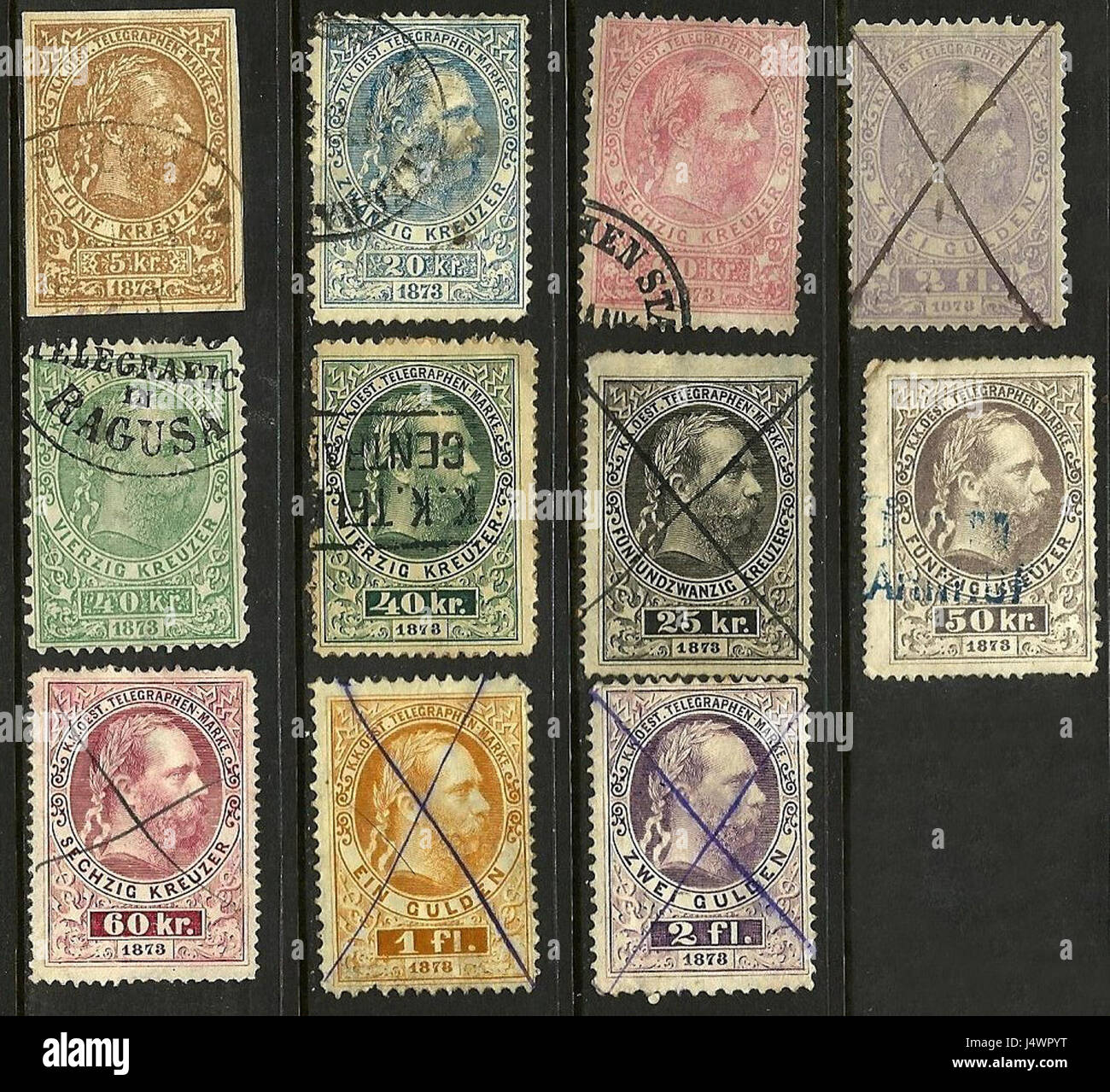 This collection features telegraph stamps from Austria, issued in 1873