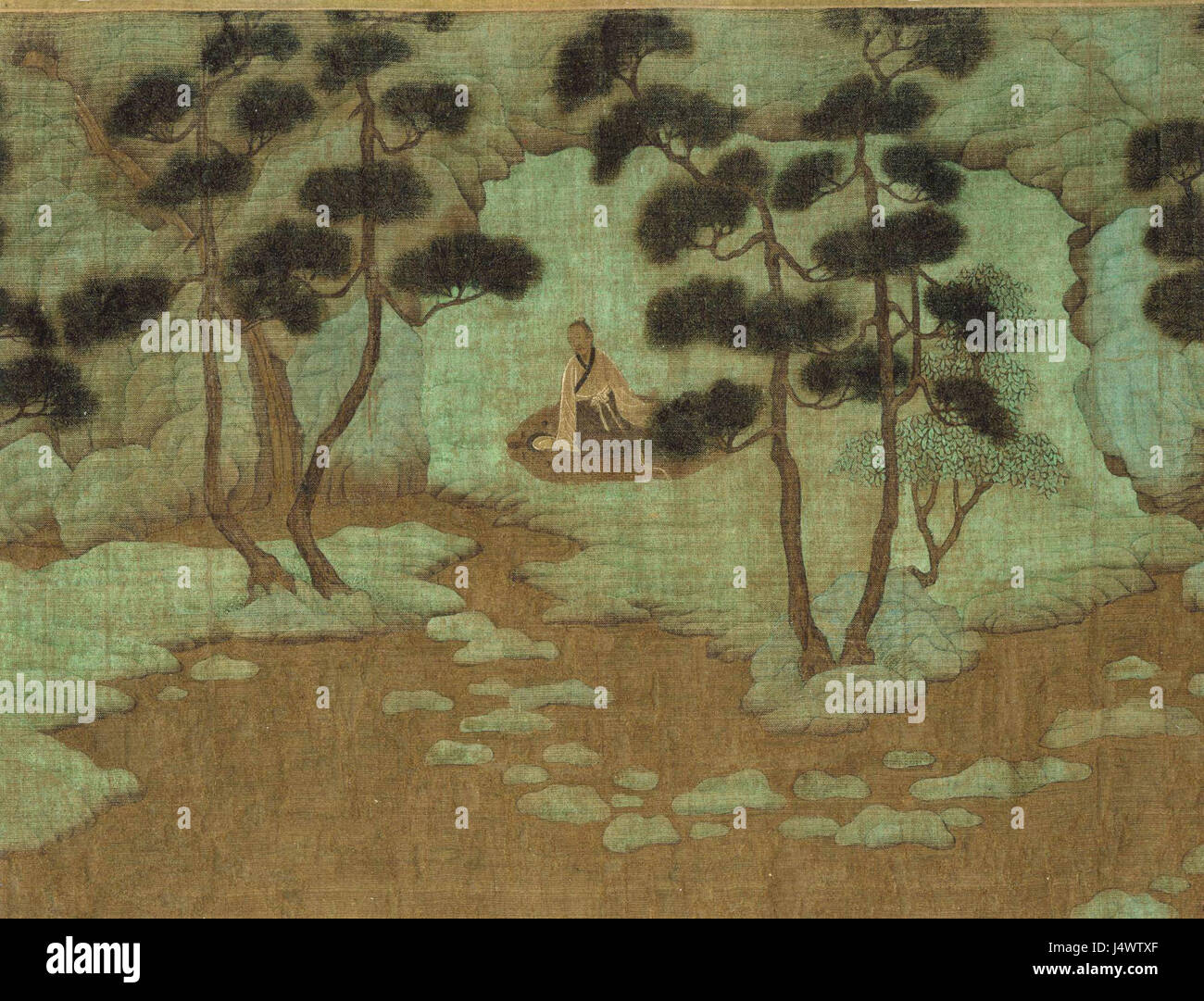 This detail of *Mind Landscape* by Zhao Mengfu, painted in 1287, portrays an intricately detailed landscape. The work reflects the style and artistic innovation of the Yuan dynasty, emphasizing natural scenery and the artistâ€™s perspective on nature. The painting is housed at Princeton University Art Museum. Stock Photo