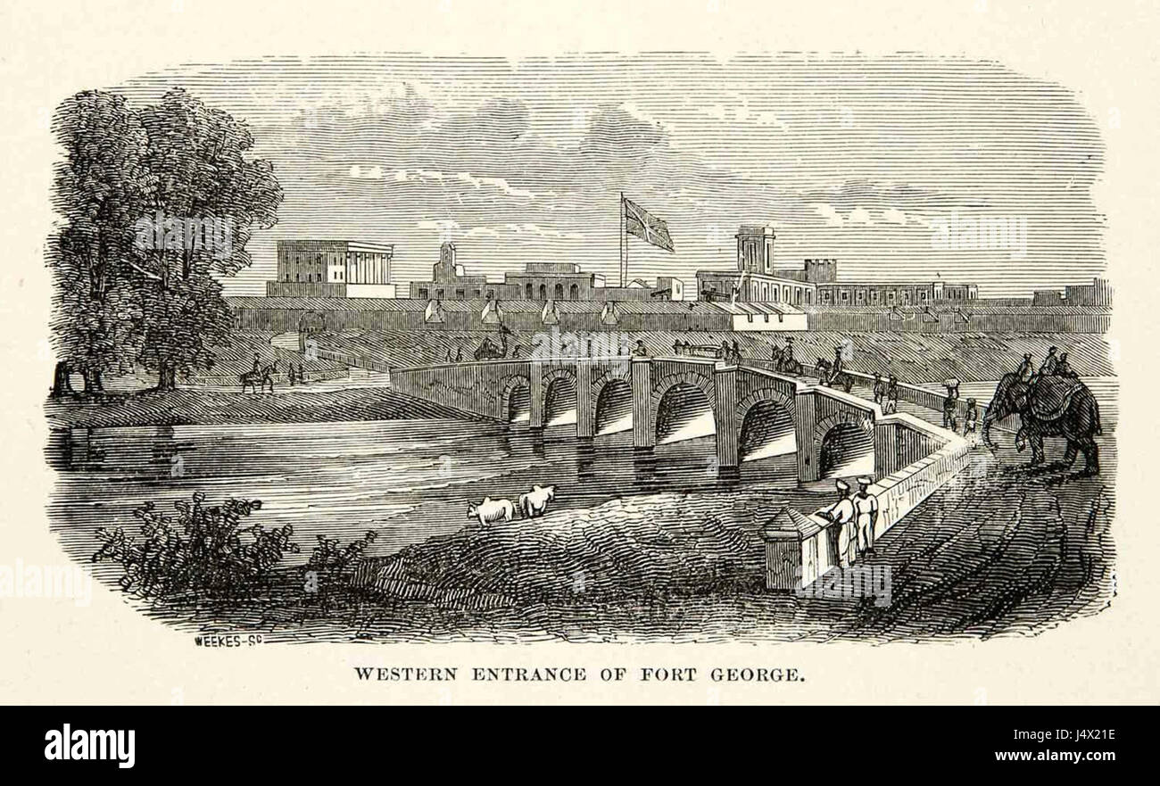 Western entrance of Fort St. George an engraving, 1881 Stock Photo