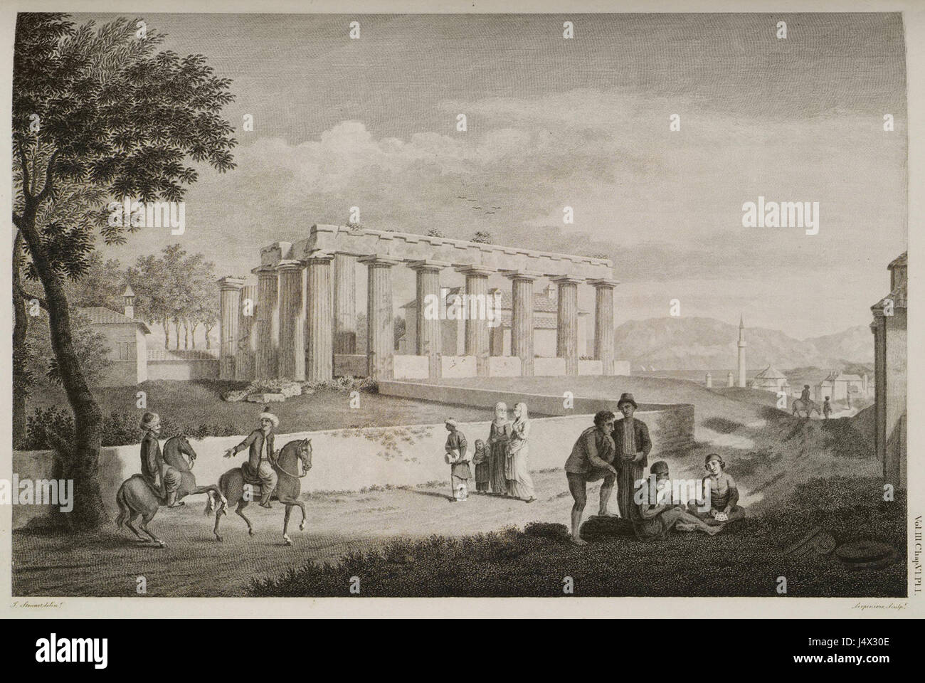 This depiction shows the Temple of Apollo in Ancient Corinth, with two ...