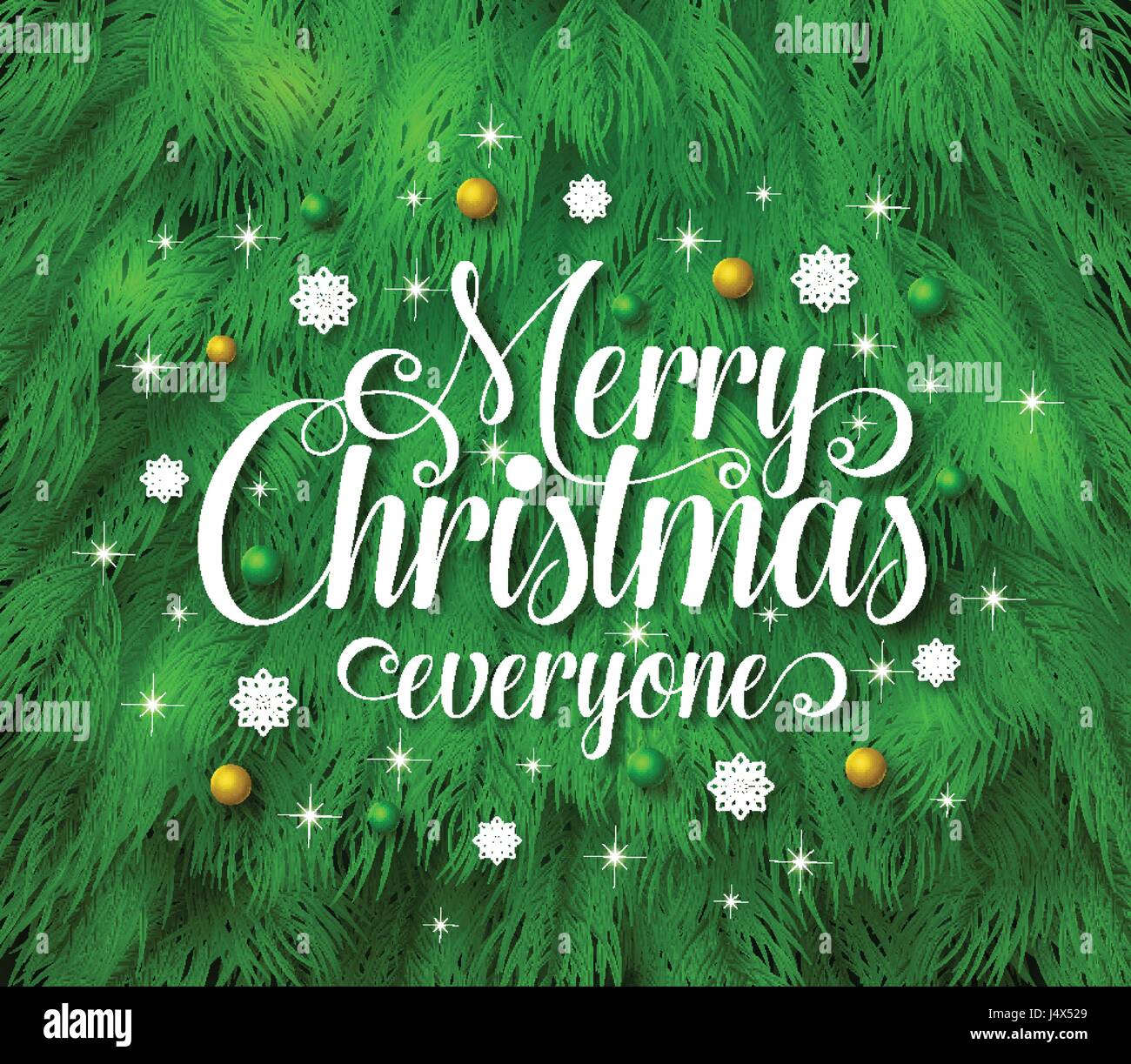 Merry Christmas greetings typography vector in green pine leaves ...
