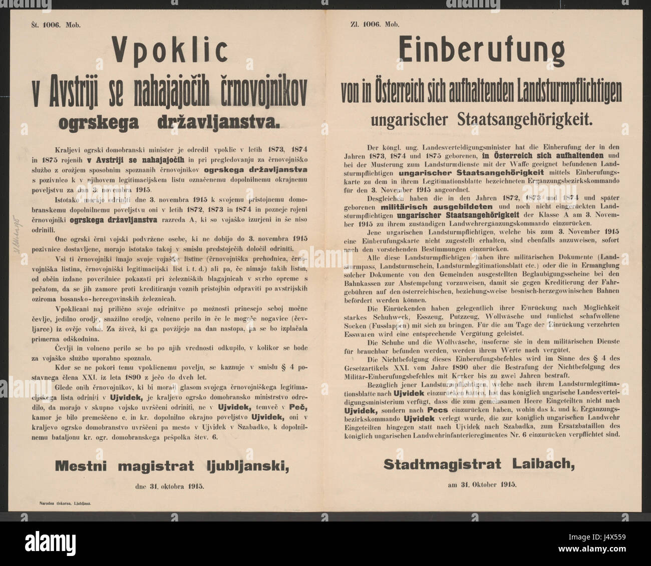 Ungarische Landsturmpflichtige   Einberufung   Laibach   Mehrsprachiges Plakat 1915 Stock Photo