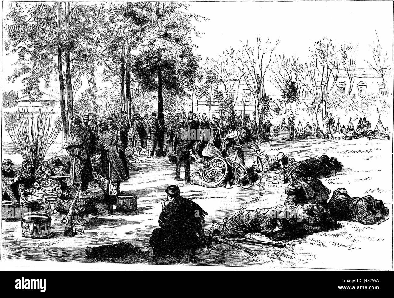 The government troops resting at Plaza Libertad, about three hundred yards from Plaza Lavalle, after their first encounter with the insurgents Stock Photo