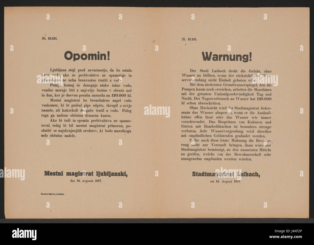 Wasservergeudung Warnung Laibach Mehrsprachiges Plakat 1917 Stock Photo