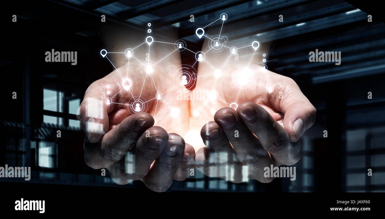 Close of business person hands holding in palms social connection ...