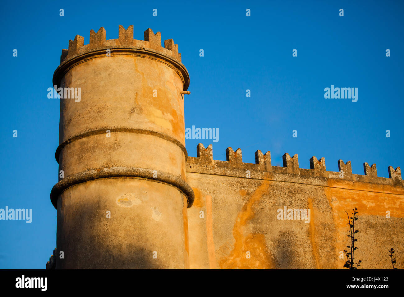 Sicilian castle's corner turet in Sicily, Italy Stock Photo