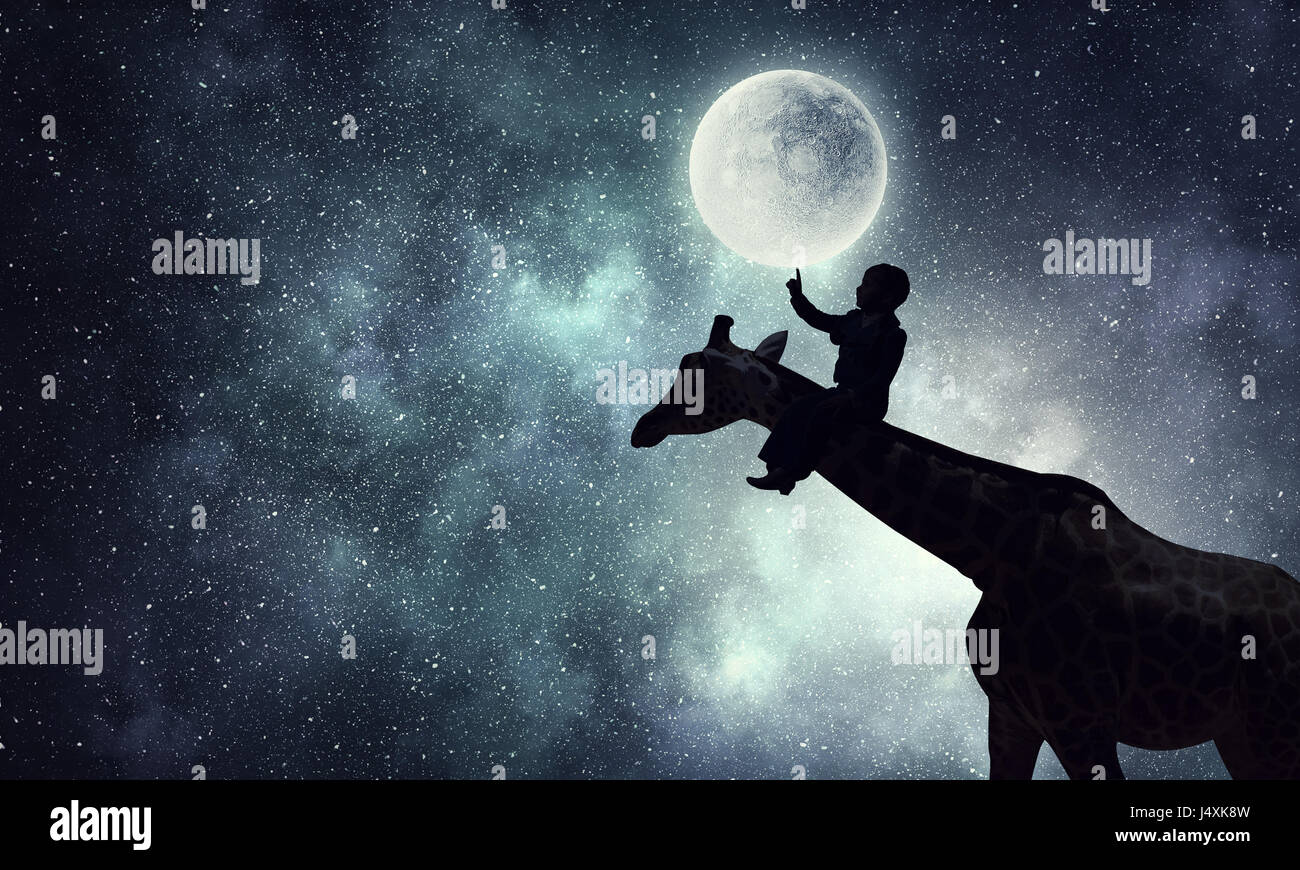 African landscape with wildlife and kid riding giraffe at full moon ...