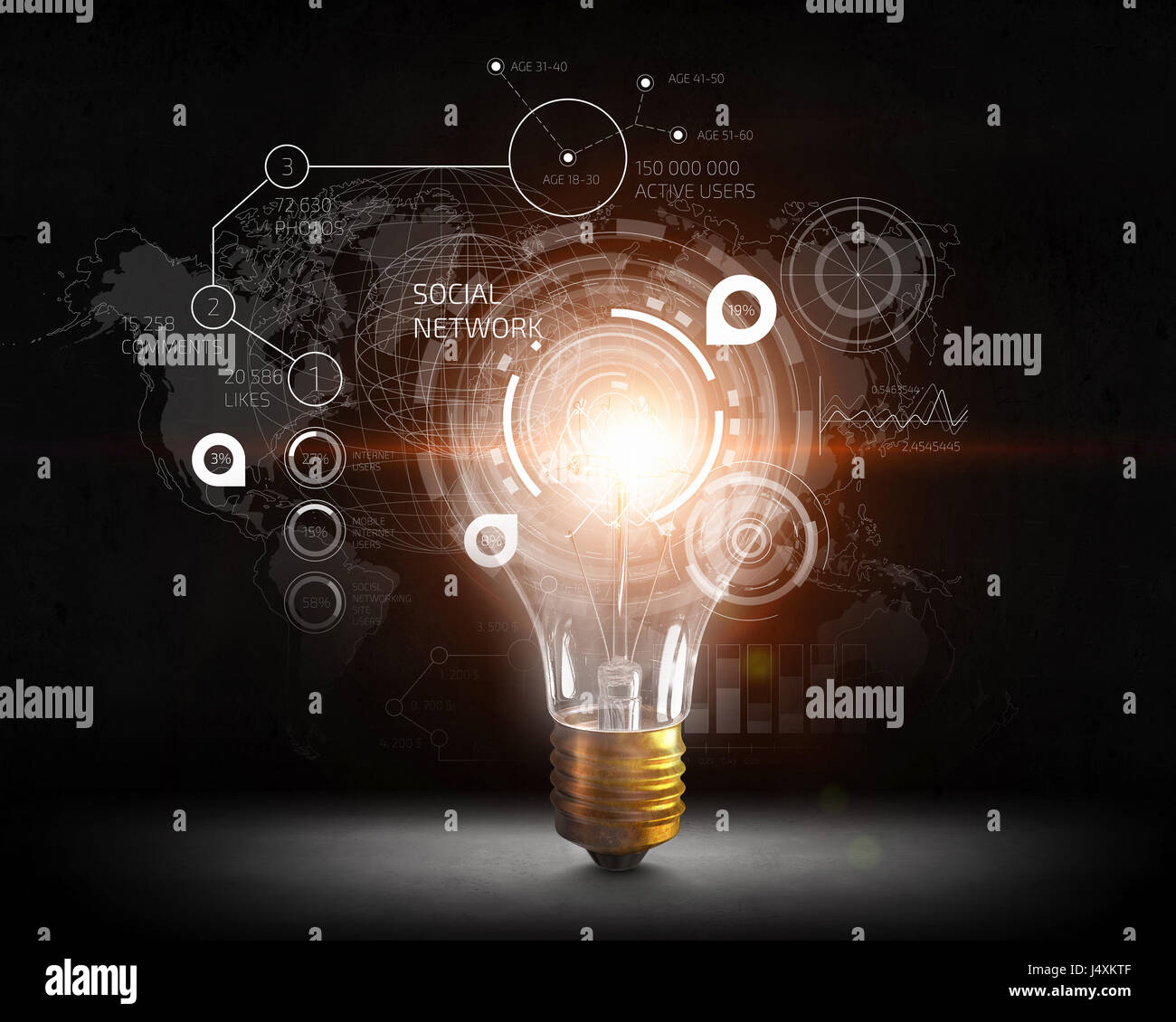 Glowing light bulb and digital dark background with infographs Stock ...