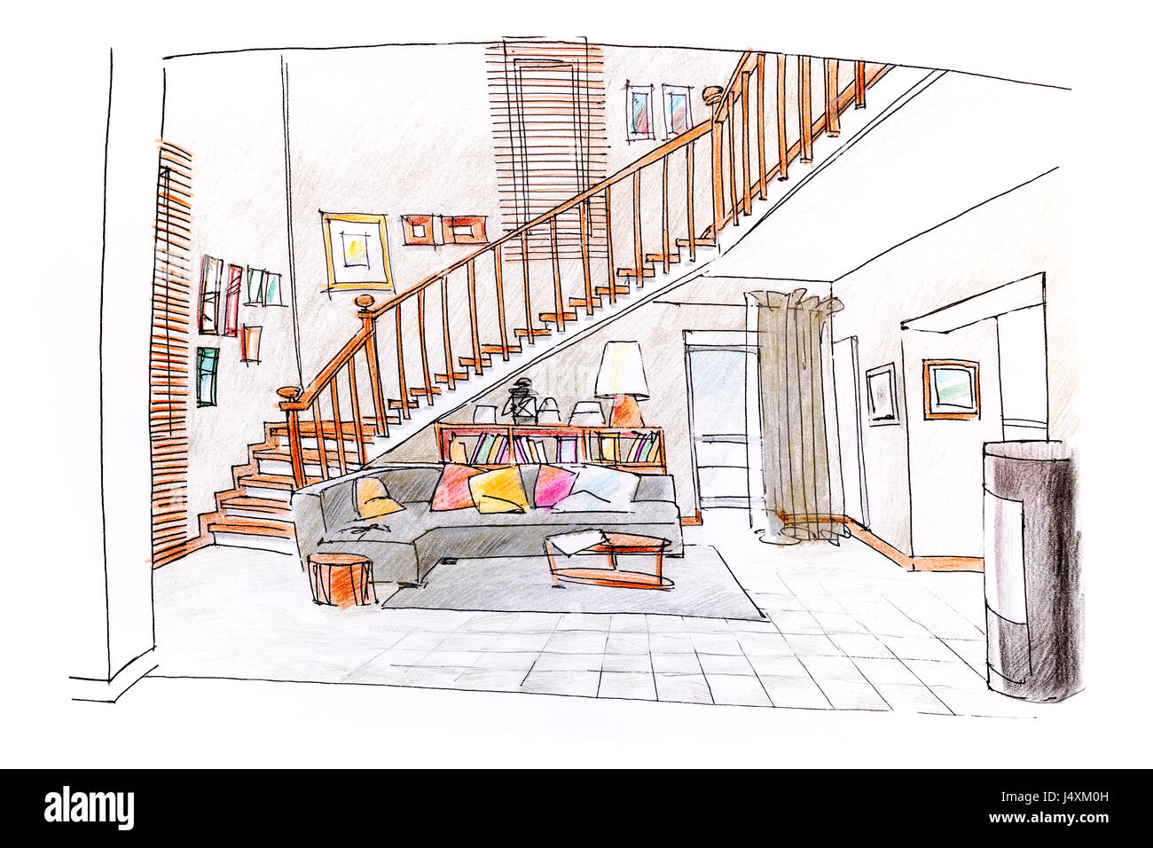 Home Interior Design Colored Hand Drawn Sketch Of Living Room With