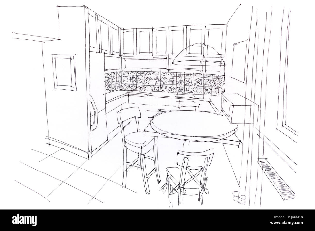 Hand Drawn Monochrome Sketch Of Dining Room Interior And