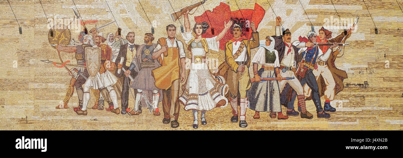 Mosaic above the National History Museum featuring Socialist propaganda and heroic revolutionary, Tirana, Albania Stock Photo