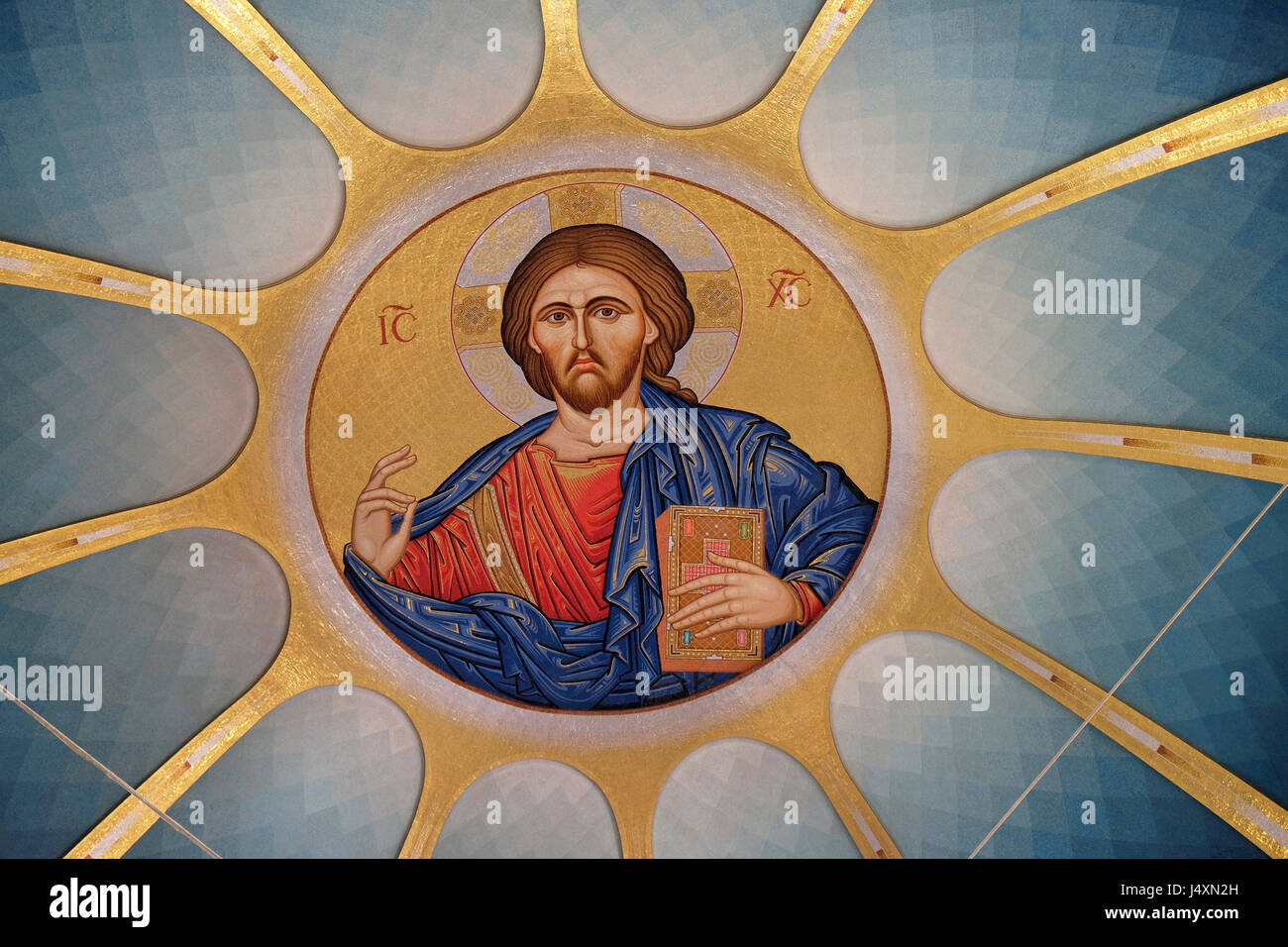 Christ Pantocrator within dome of Orthodox Cathedral of the Resurrection of Christ in Tirana, Albania Stock Photo