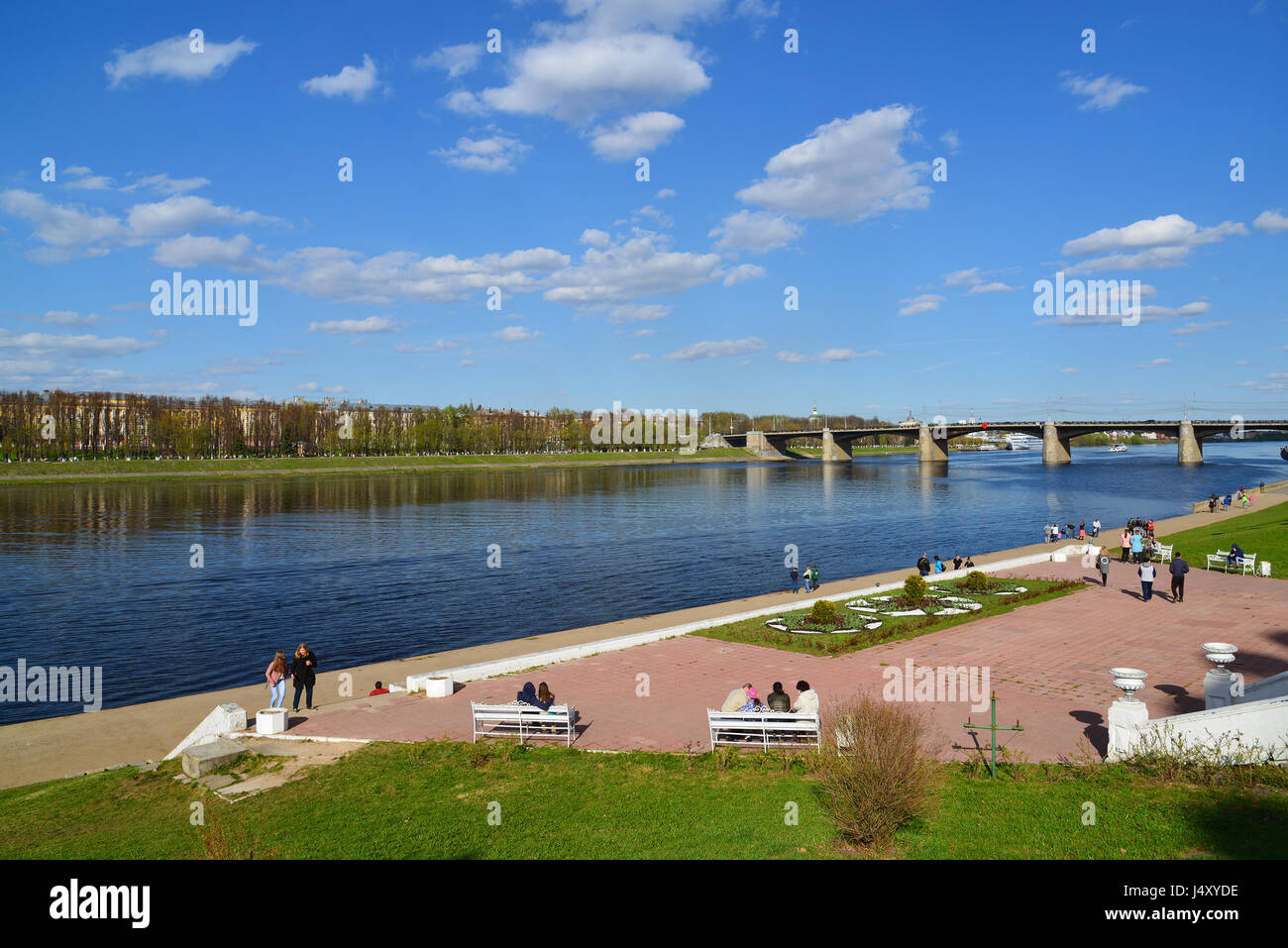 Tver, russia - may 07.2017. View of the embankment Mikhail Yaroslavich and the New Volga Bridge Stock Photo