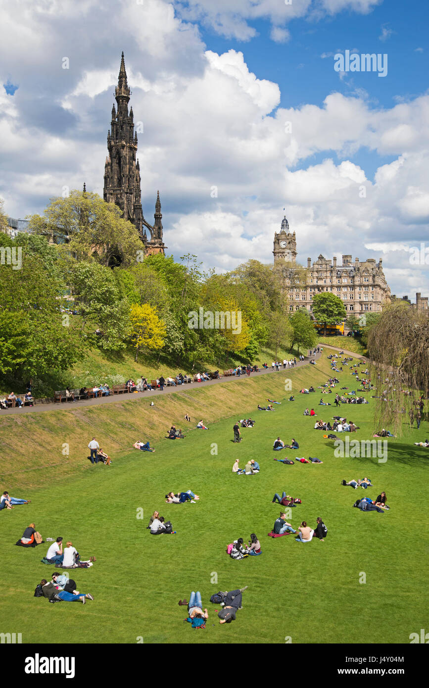 Princes Street Gardens in the centre of edinburgh with the Scott Monument and Balmoral Hotel in the background. Stock Photo