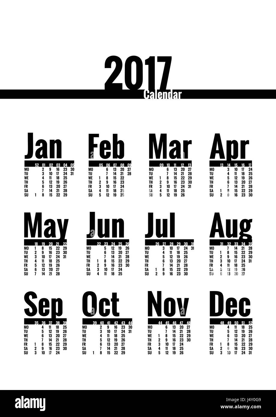 Calendar vector template for 2017 year. Week starts on Monday. Calender with week numbers. Year on one page, suitable for poster or pocket calendar Stock Vector