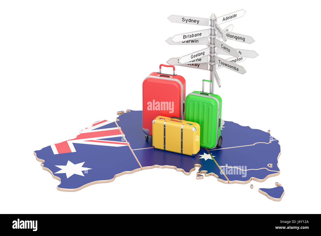 Australia travel concept. Australian flag on map with suitcases and signpost, 3D rendering Stock Photo