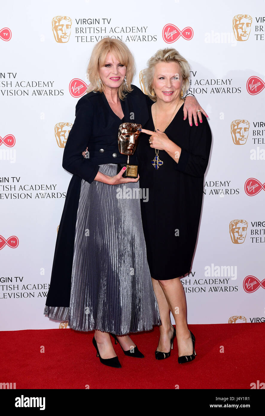 Jennifer Saunders (right) presents Joanna Lumley with the Fellow Award in the press room at the Virgin TV British Academy Television Awards 2017 held at Festival Hall at Southbank Centre, London. Stock Photo