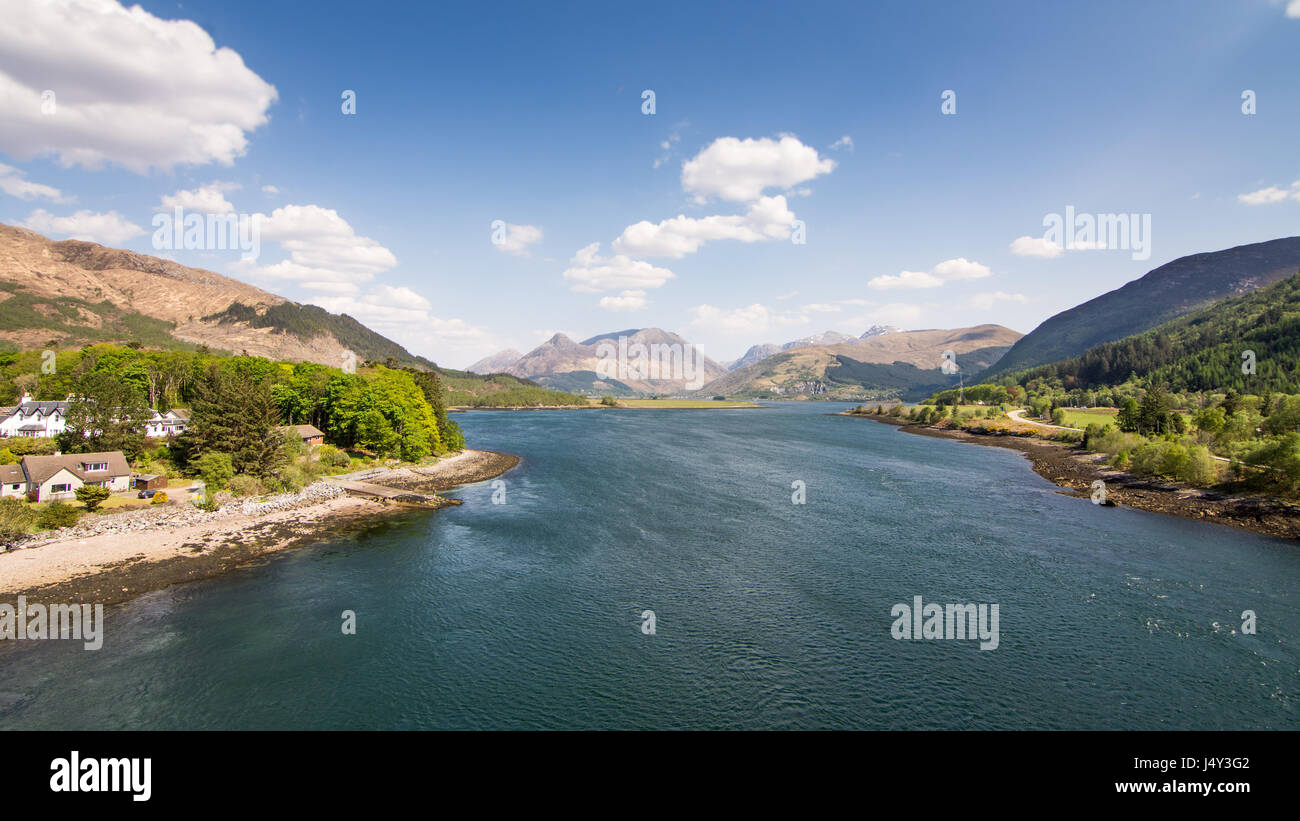 Looking down Loch Leven sea inlet from the Ballachulish Bridge in the West Highlands of Scotland. Stock Photo