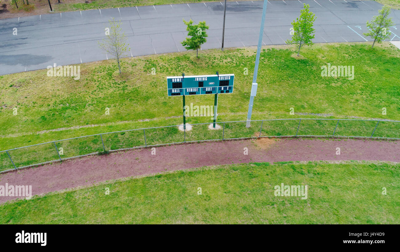 Aerial view of Baseball Scoreboard on empty field Stock Photo