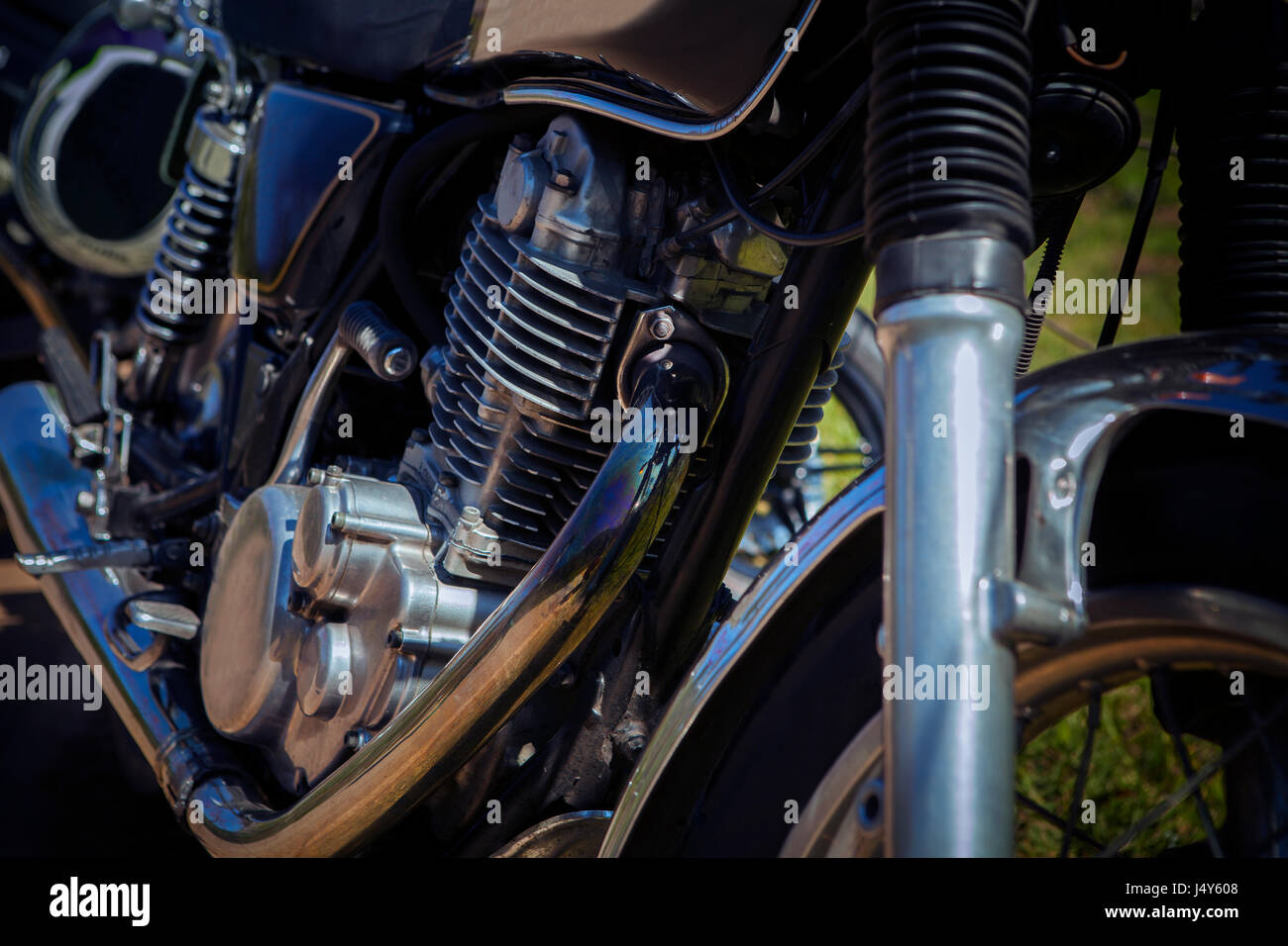 close up old vintage motorcycle cylinder block Stock Photo