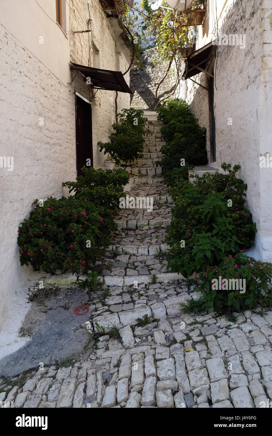 Narrow cobble stone street with traditional ottoman white stone houses in Old town Berat, Albania on October 01, 20 Stock Photo