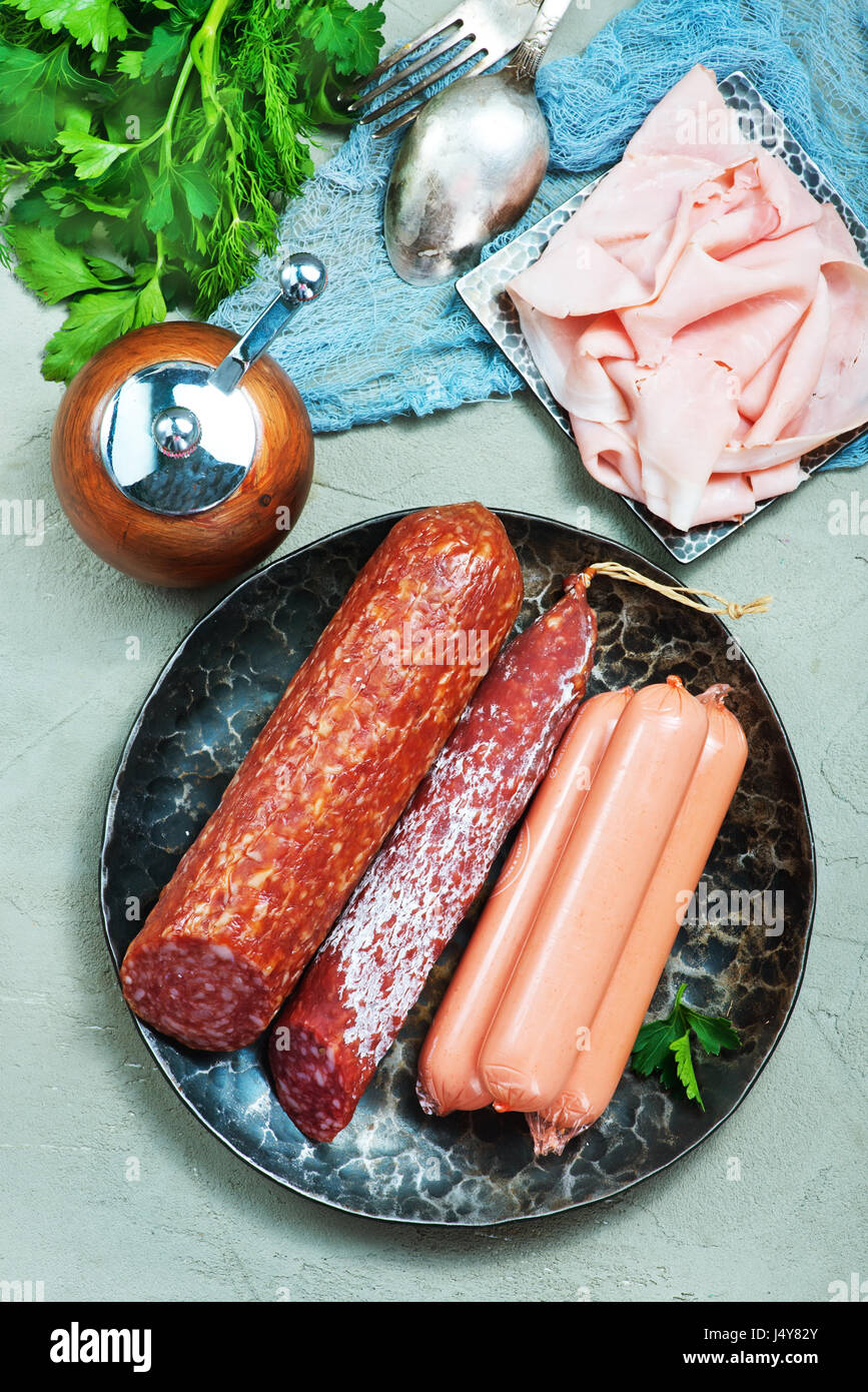 sausages on a table, sausages and salami Stock Photo Alamy