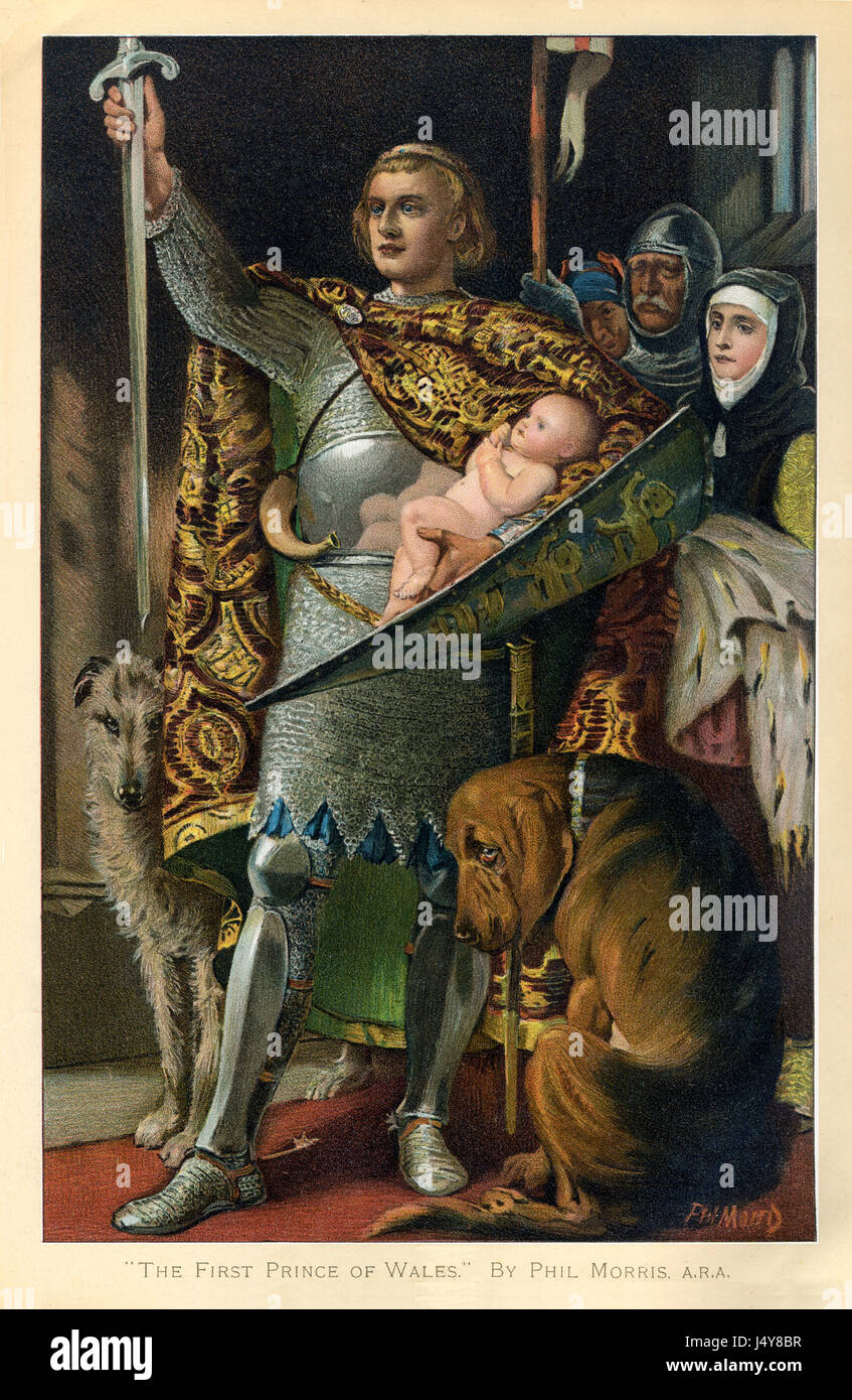 The First Prince of Wales, late Victorian painting of the later Edward II, presented to the Welsh people as an infant by his father King Edward I, as their prince who could not speak English, in 1284 Stock Photo