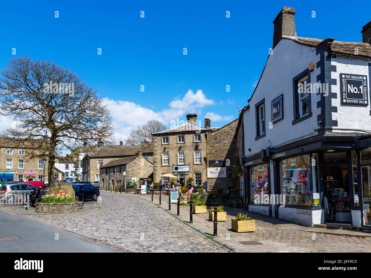 The Square in the  traditional English village of Grassington, Wharfedale, Yorkshire Dales National Park, North Yorkshire, England, UK. Stock Photo