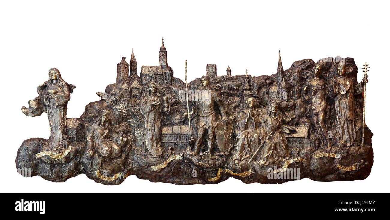 Bass relief with churches and patron saints of Gradec, the old part of Zagreb in Chapel of Saint Dismas in Zagreb, Croatia Stock Photo